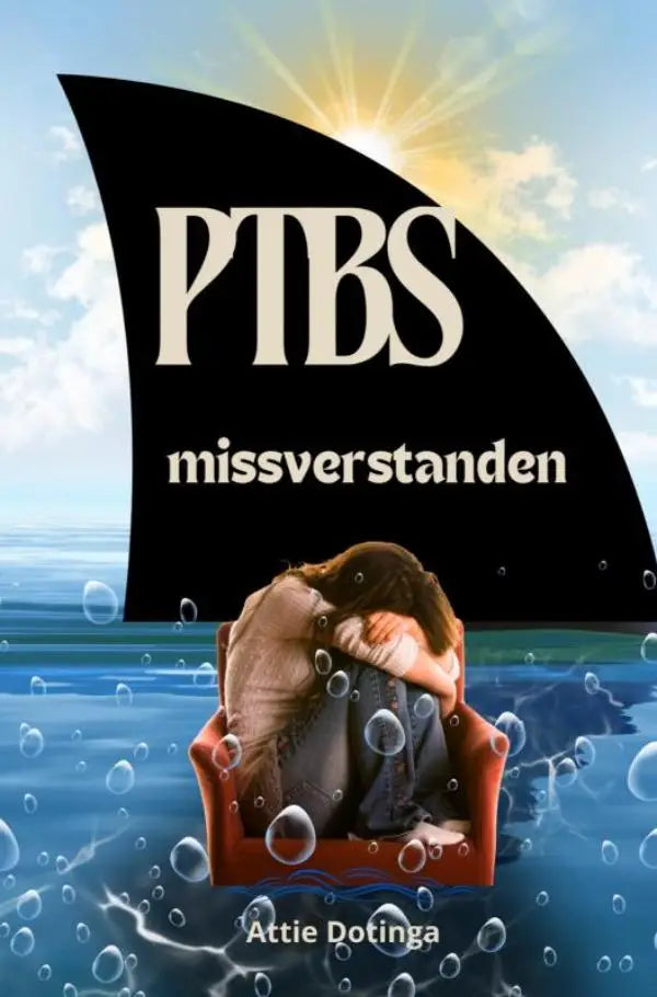 Zwarte shark fin met witte tekst ptbs en missverstanden tegen een heldere lucht achtergrond voor ptbs missverstanden