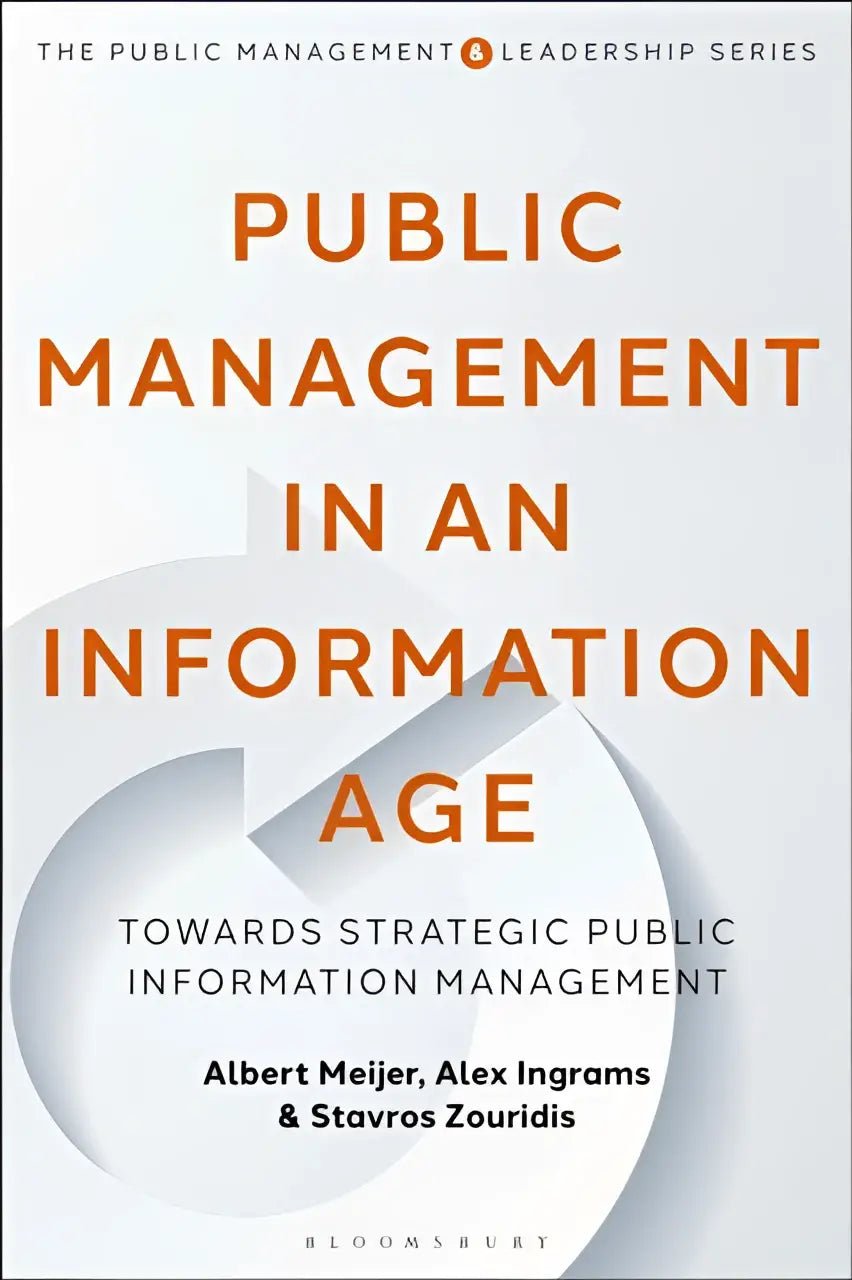 The book cover features bold orange text on a white background titled public management in an information age for strategic public information management
