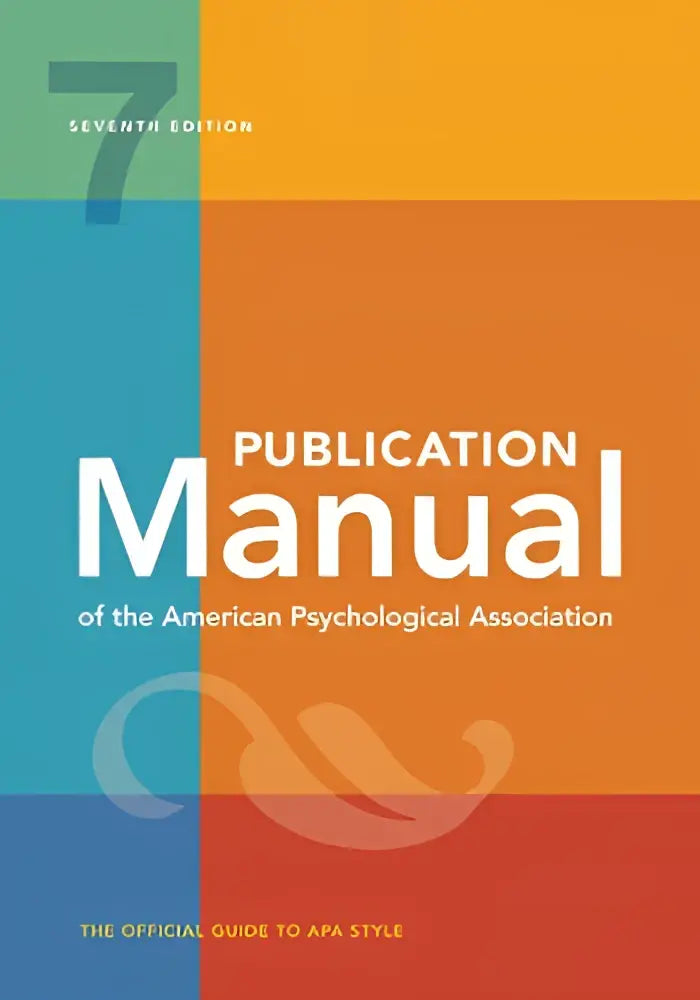De zevende editie publication manual van de american psychological association met gedurfd geometrisch ontwerp in teal, oranje en rood