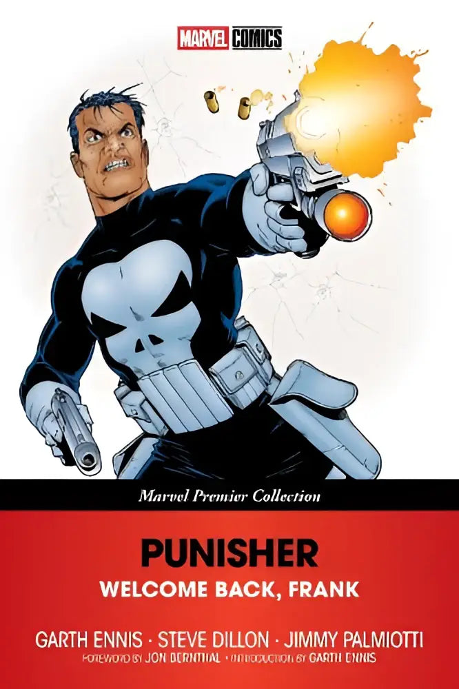 The punisher in a dynamic action pose wearing a black and white skull costume from the marvel premier collection
