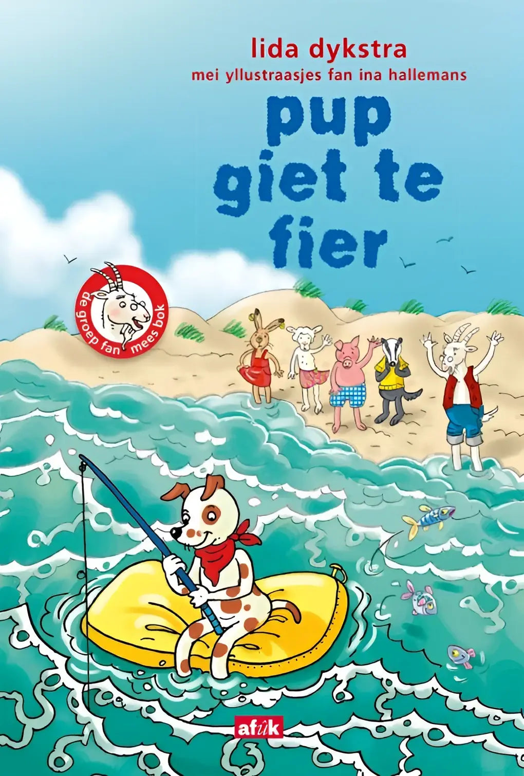 Een vrolijke cartoon pup giet met bruine en witte vacht draagt een rode bandana en vist vanaf een gele opblaasbare raft