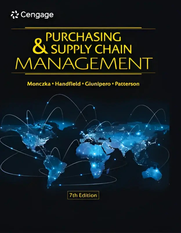 De boekcover van purchasing and supply chain management toont een wereldkaart met blauwe lijnen en gouden tekst over supply chain management
