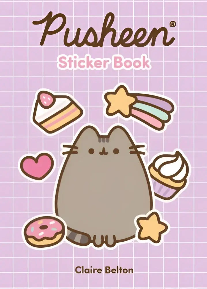 Pusheen sticker book met grijze cartoonkat en pastelstickers van desserts en sterren op lichtpaars raster