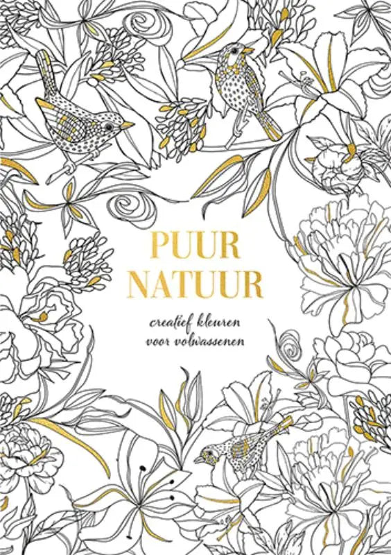 Wit luxe kleurboek puur natuur met gedetailleerde zwarte en gouden lijntekeningen van vogels en bloemen