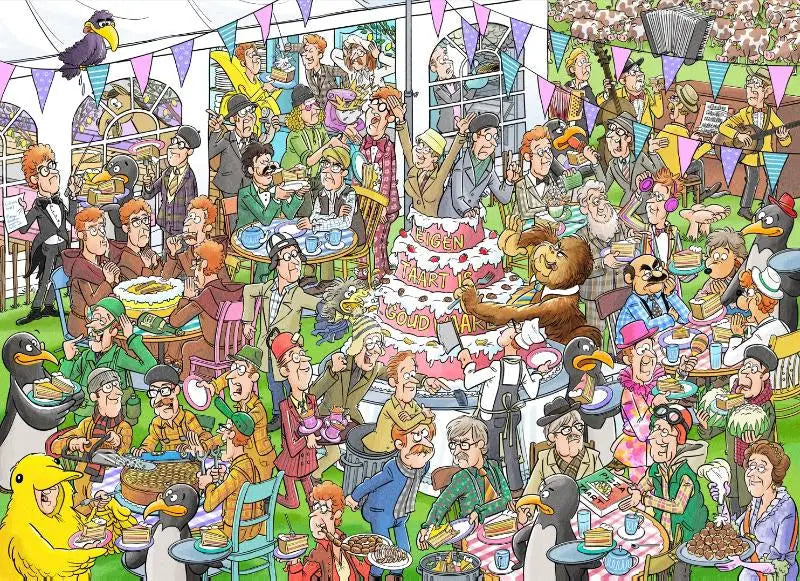 Een kleurrijke meerlagige verjaardagstaart met roze glazuur bij een buitenfeest voor feest mee puzzel andré