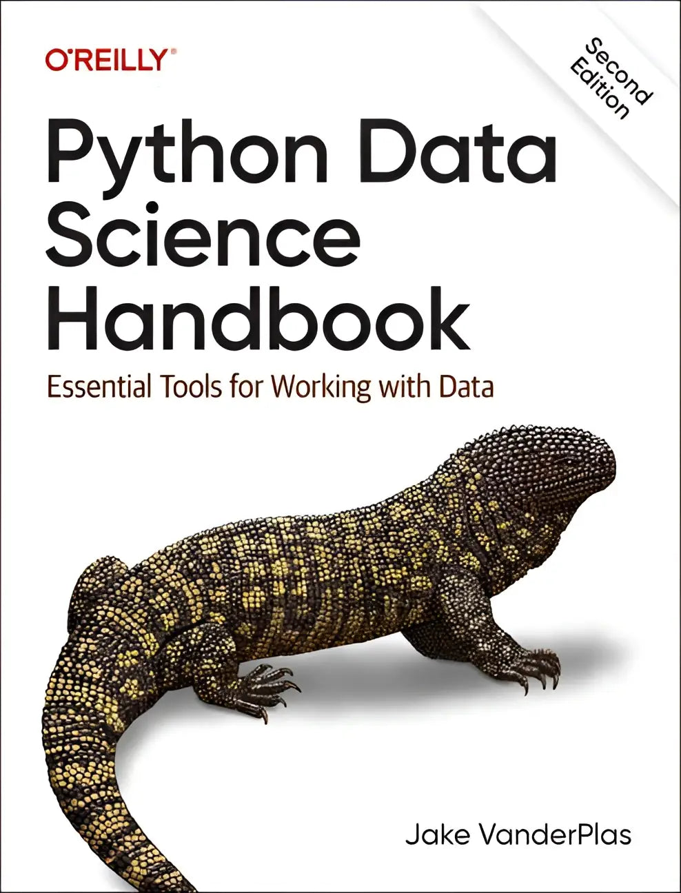 O’reillys python data science handbook second edition features a detailed dark green and yellow-spotted lizard on the cover
