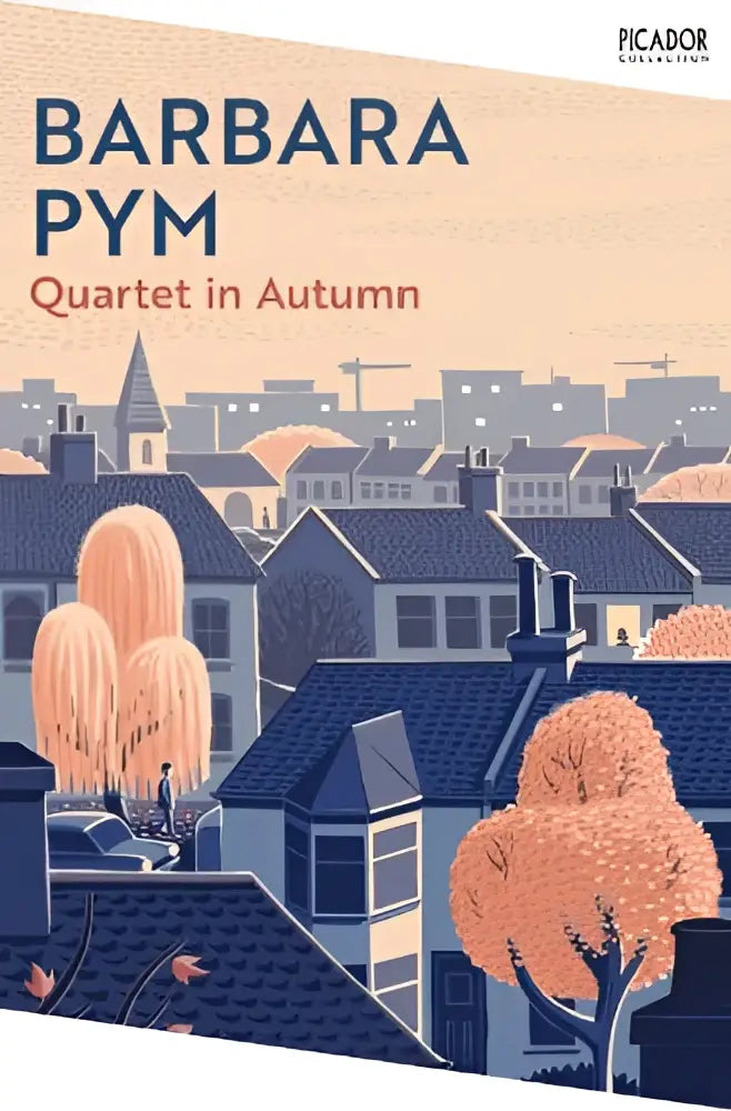 Autumn-themed illustrated book cover quartet in autumn with stylized cityscape, orange trees, and blue rooftops picador collection