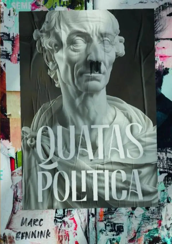 Een monochroom poster met een gedetailleerde marmeren buste getiteld quatas politica door marc bennink