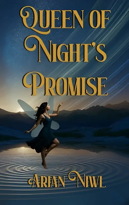 De cover van het boek Queen of Night’s Promise toont een donkerblauwe jurk en doorschijnende vleugels tegen een sterrenhemel