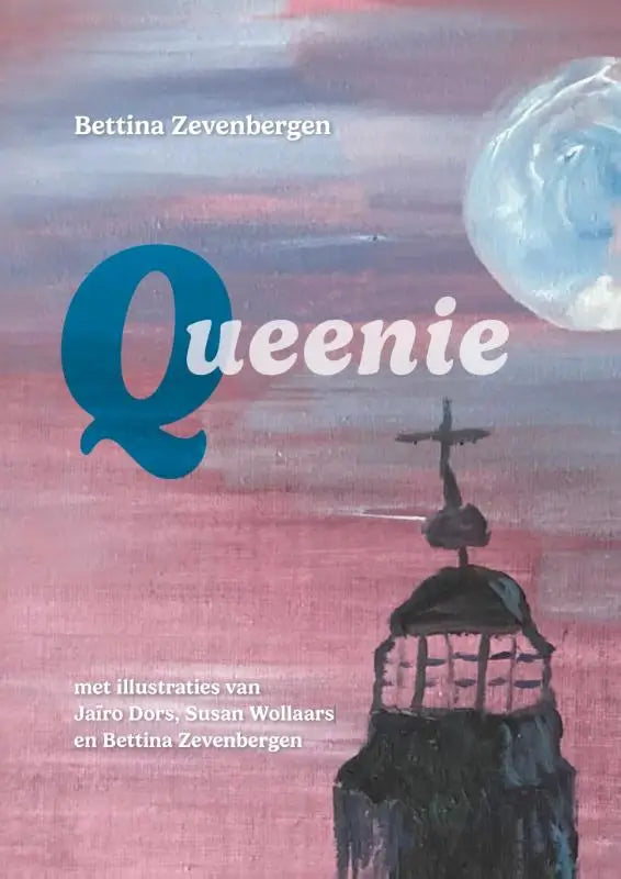De boekcover van queenie toont een gestileerde blauwe q en witte titel op een abstracte roze en grijze achtergrond voor jonge lezers