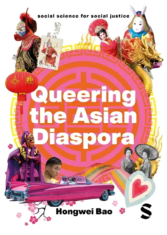 Roze boekcover van queering the asian diaspora door hongwei bao met kleurrijke illustraties over southeast asian sexuality en identity and cultural politics