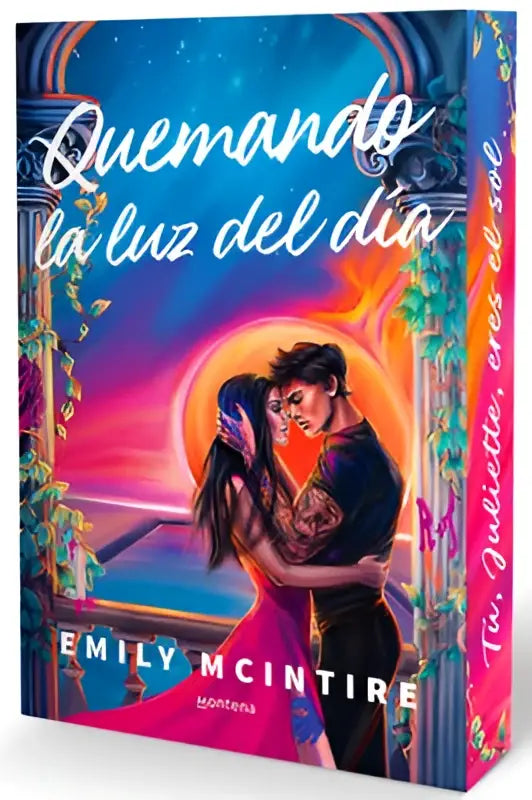 De boekcover van quemando la luz toont een romantische illustratie van twee omhelzende figuren tegen een kosmische achtergrond