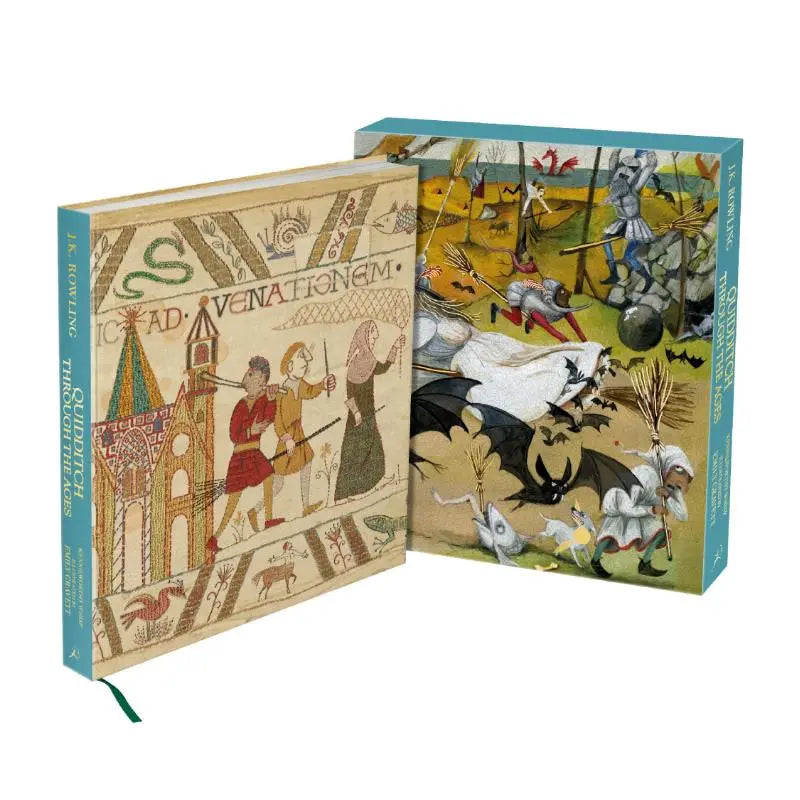 De quidditch through the ages illustrated edition deluxe met middeleeuwse illustraties op beige cover en rug in slipcase