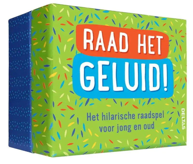 Vibrante groene en blauwe doos met confetti patroon en de tekst raad het geluid voor hilarische raadspel deltas chantecler