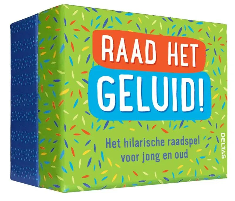 Felle groene en blauwe doos met confetti patroon en tekst raad het geluid op felgekleurde banners van hilarische raadspel kaarten