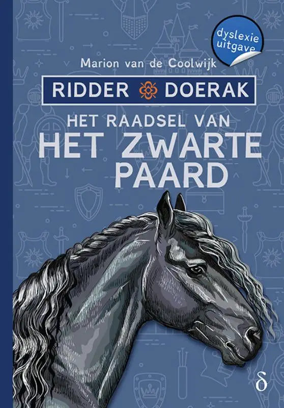 Gedetailleerd zwart-grijs illustratief paardenhoofd met bewegende manen op de cover van het boek het raadsel van het zwarte paard serie ridder doerak