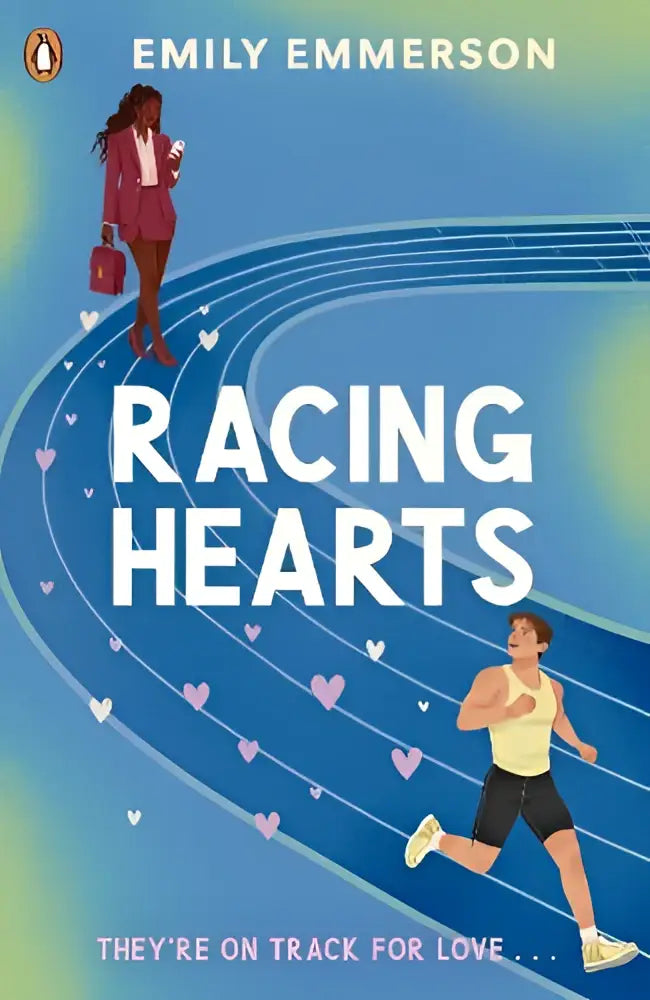 De cover van racing hearts door emily emmerson toont een blauwe baan met roze harten en lopende figuren, hedendaagse liefdesromans
