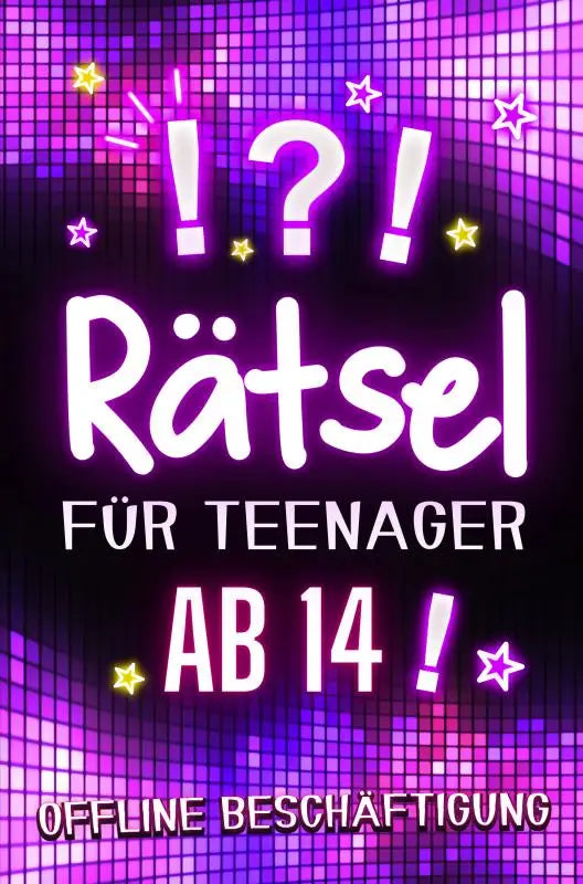 Paars en roze neon verlichte disco thema poster voor rätselbuch mit kniffligen herausforderungen für teenager ab 14
