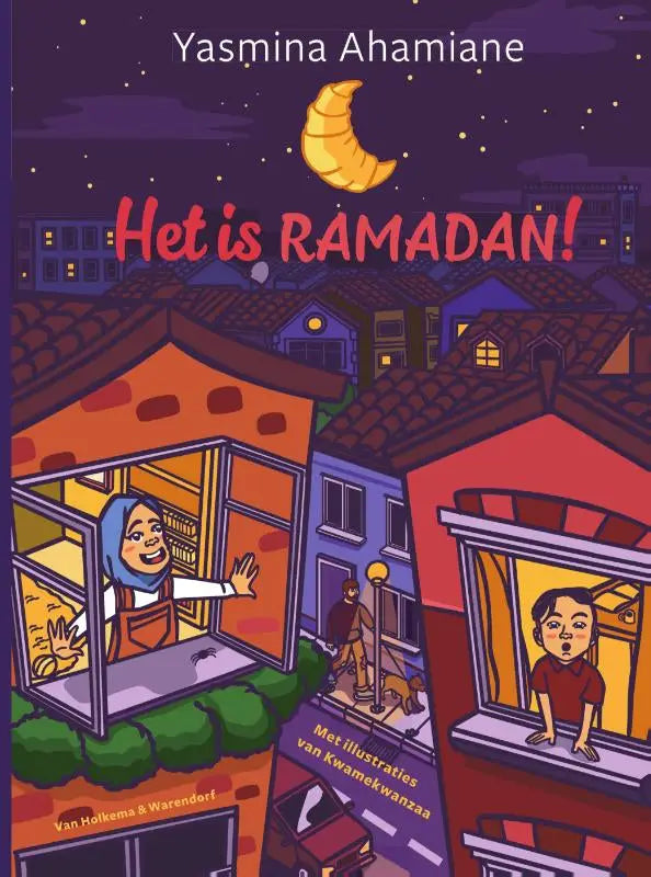 De cover van het kinderboek het is ramadan door yasmina ahamiane met een cartoon maan en nachtelijke huisscènes