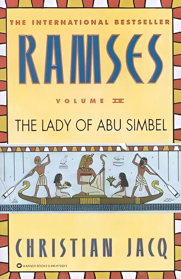 De afbeelding toont de boekomslag van ramses the lady of abu simbel volume iv met blauwe letters op gele egyptische scène