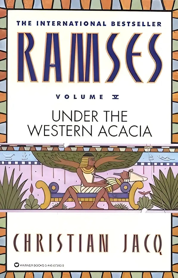 Boek ramses volume ii onder de western acacia door christian jacq met geïllustreerde cover en egyptische motieven