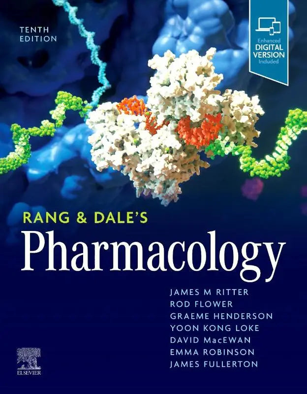 Tenth edition rang and dale’s pharmacology textbook with molecular structure cover illustration for students and doody’s core titles
