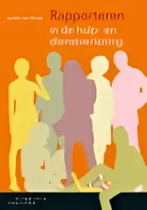 Boekcover Rapportaren in de hulp- en dienstverlening: oranje met kleurige silhouetten