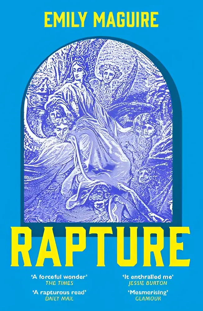 Blauw en geel boek met paarse illustratie getiteld rapture door emily maguire over de eerste en enige vrouwelijke paus sexy retelling