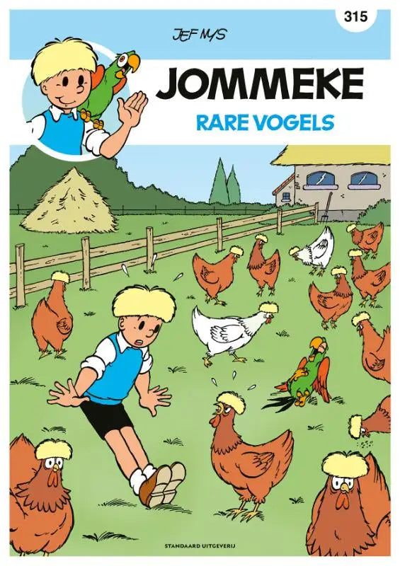 Jommeke comic book cover rare vogels with boy in blue vest and green parrot on farm with chickens by dieter steenhaut and willy linthout
