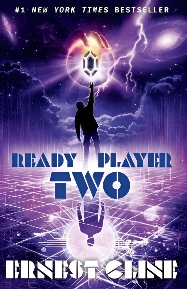 The cover of the novel ready player two by ernest cline shows a silhouette reaching for a glowing artifact in a purple digital landscape