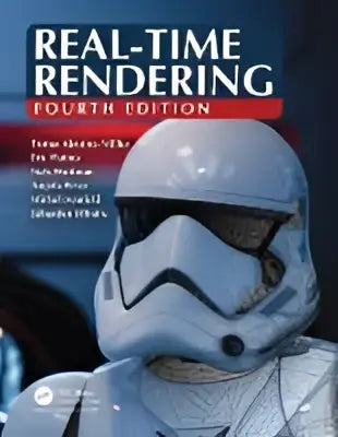 De boekomslag van real-time rendering vierde editie toont een wit stormtrooperhelm tegen een donkere achtergrond