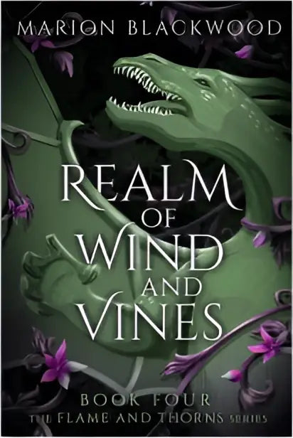 Illustratie van een groene draak op de voorkant van realm of wind and vines door marion blackwood