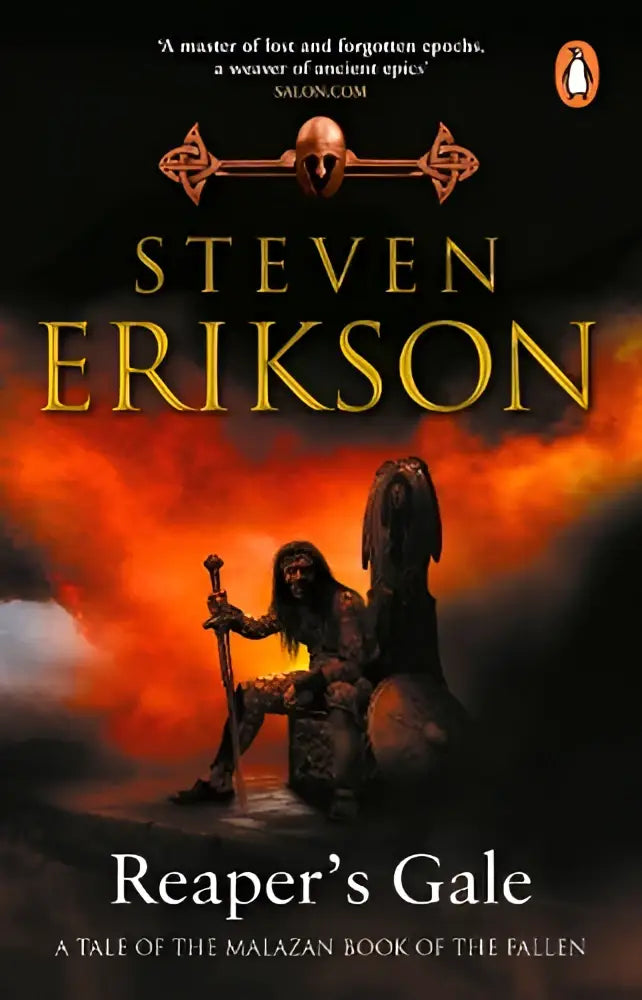 De onweerslag van het audioboek reaper’s gale door steven erikson toont een krijger in donkere harnas voor een vurige achtergrond in avontuurlijke fictie