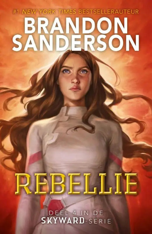 De cover van rebellie toont een jonge vrouw met lang bruin haar en blauwe ogen in witte outfit met rode strepen, brandon sanderson