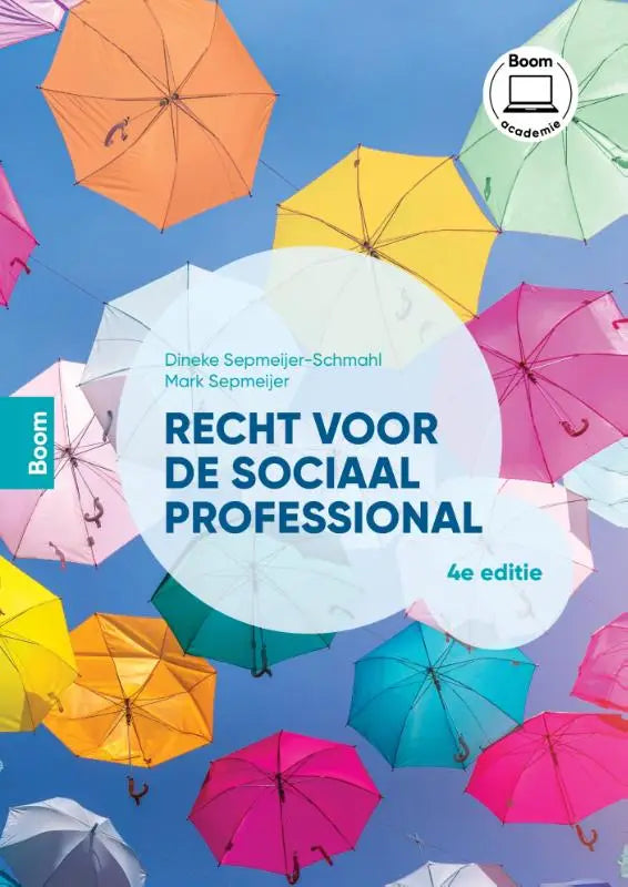 De boekcover van recht voor de sociaal professional toont kleurrijke parasols zwevend tegen een blauwe lucht