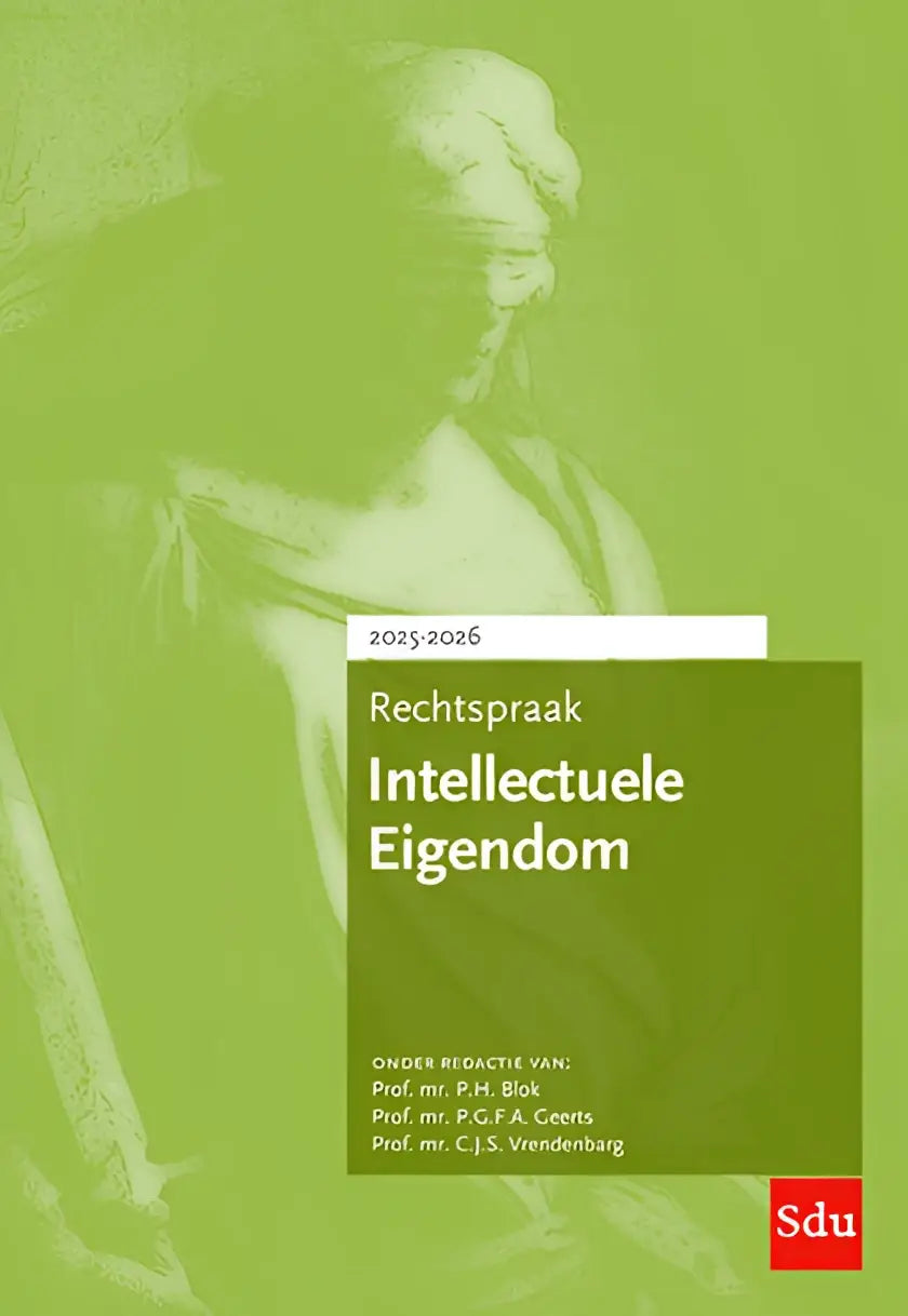 Groene boekcover van rechtspraak intellectuele eigendom met title en vage afbeelding van een standbeeld op de achtergrond