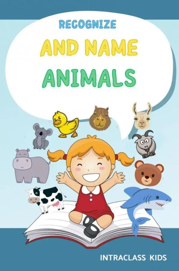 Een vrolijk cartoonmeisje met oranje vlechten zit op een open boek om dieren te herkennen en benoemen van een brullende leeuw
