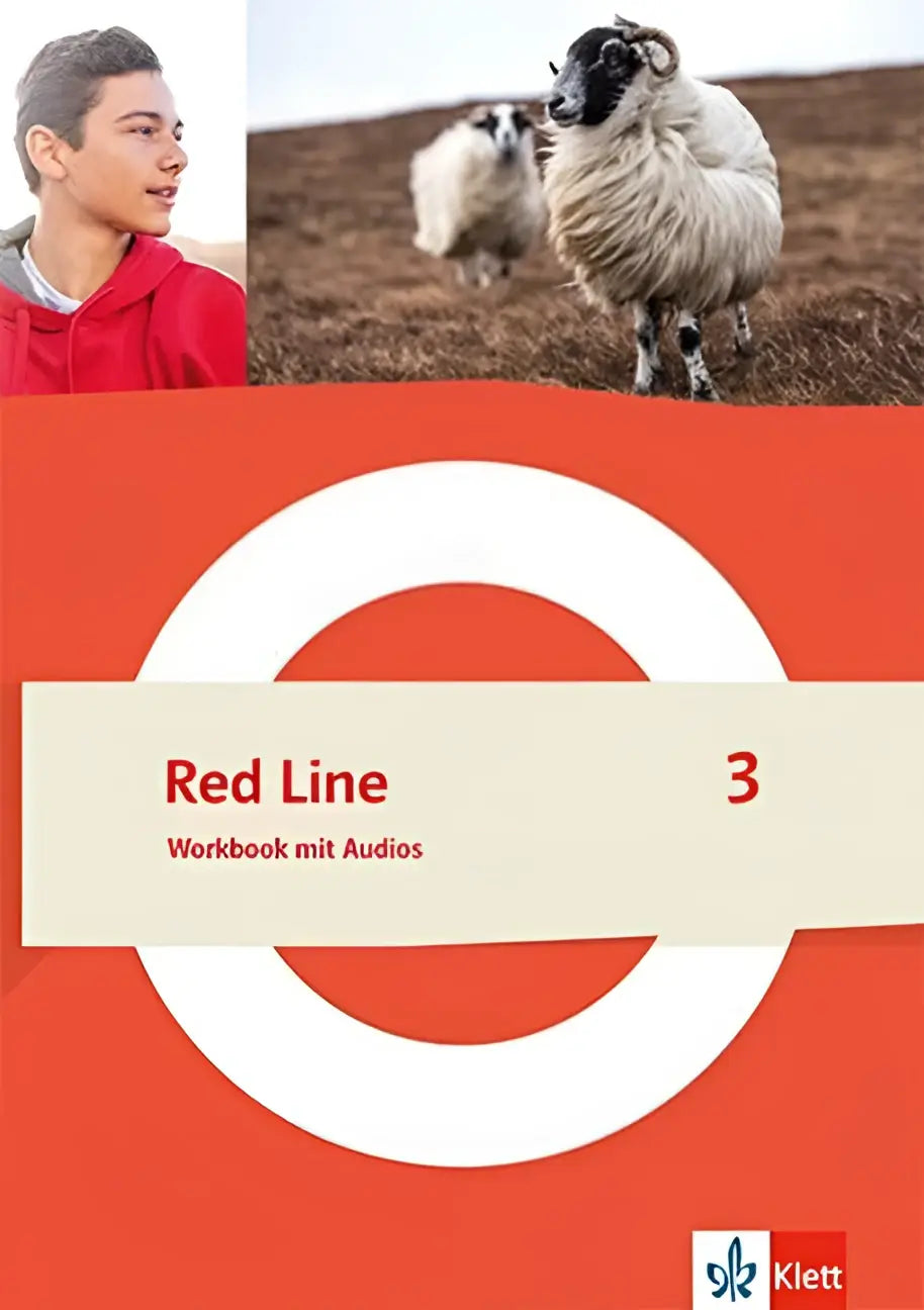 Red line 3 workbook mit audios klasse 7 met rood omslag en afbeelding van jonge man in hoodie en schapen