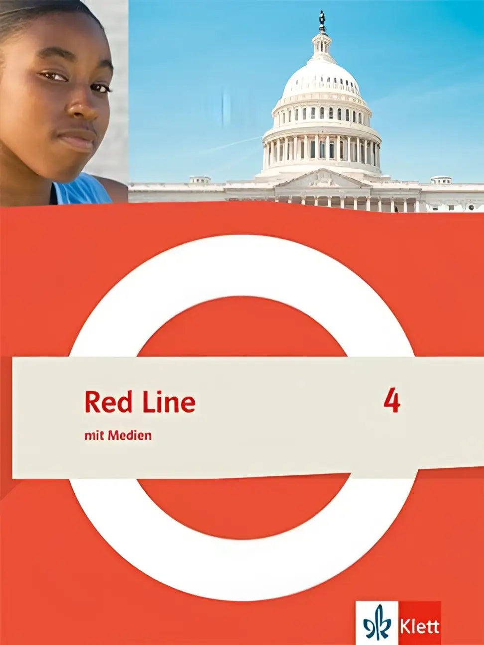 Schulbuch mit medien red line 4 met een stevige kaft en rode witte cirkelvormige design met het capitool op de achtergrond
