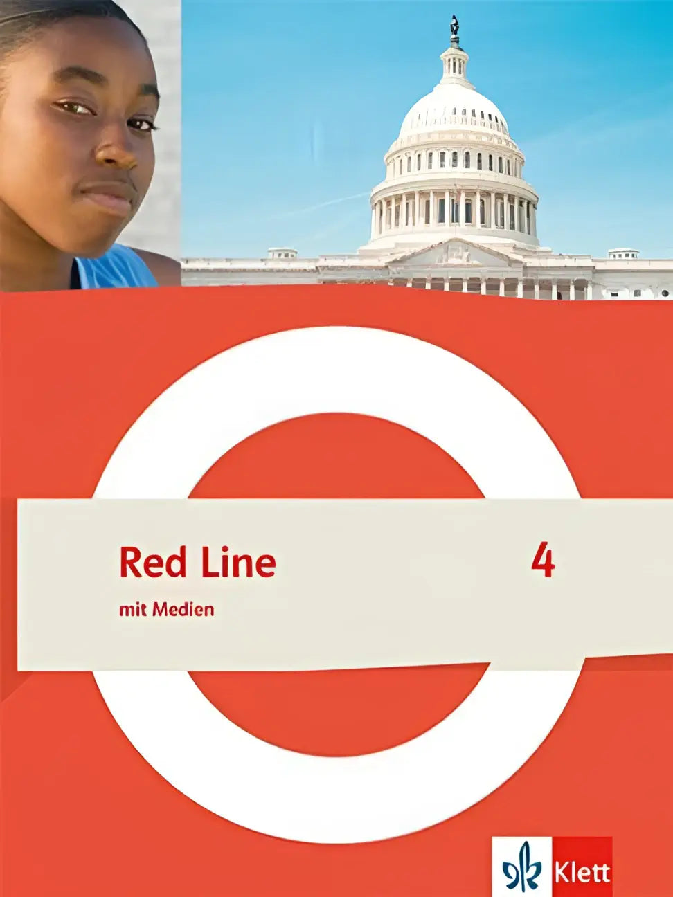 Red line 4 schulbuch mit medien mit flexiblem einband und rotem kreisdesign vor capitolgebäude