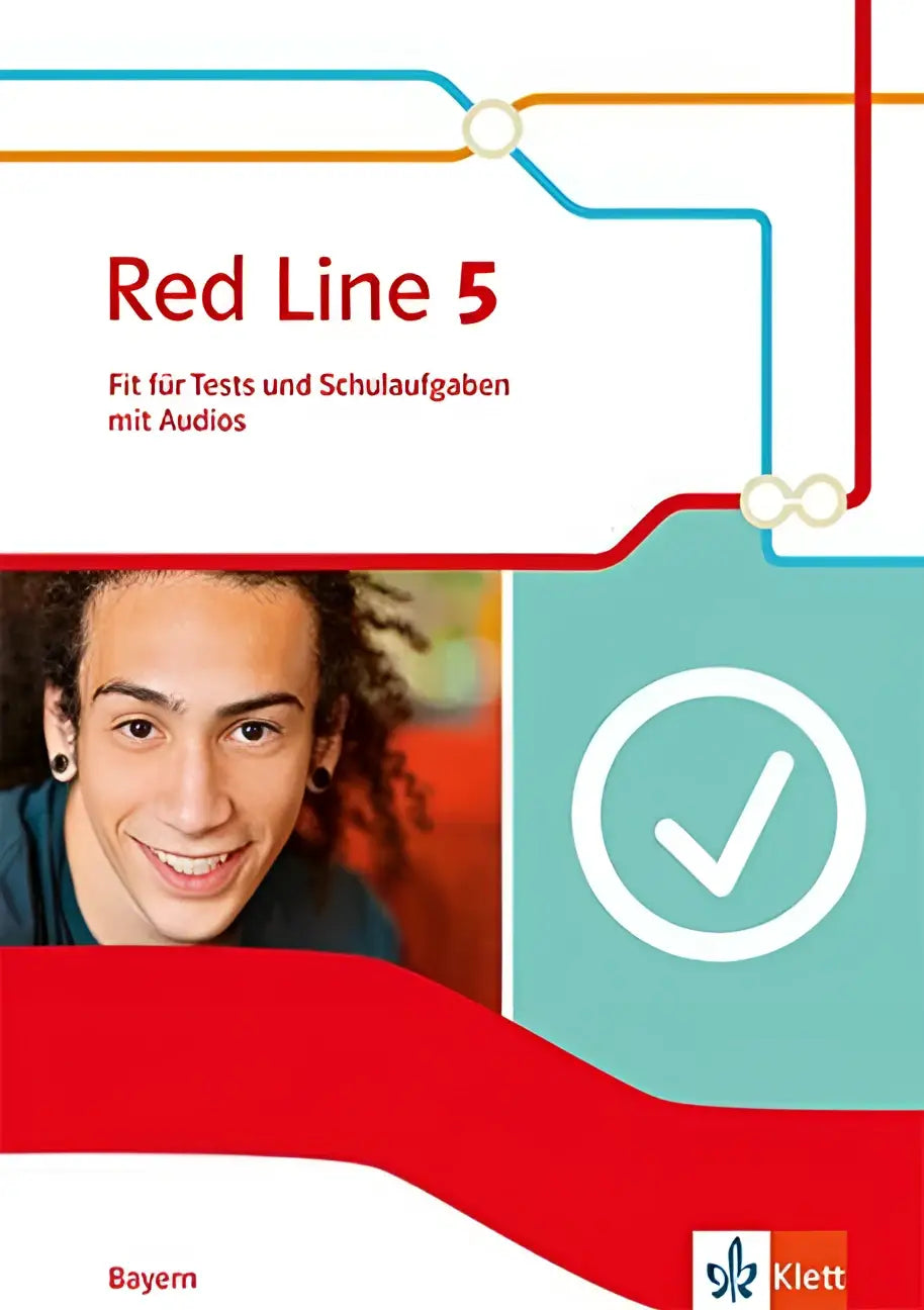 Cover van red line 5 leerboek met een glimlachende jonge man en rood-wit-teal ontwerp geschikt voor tests und schulaufgaben