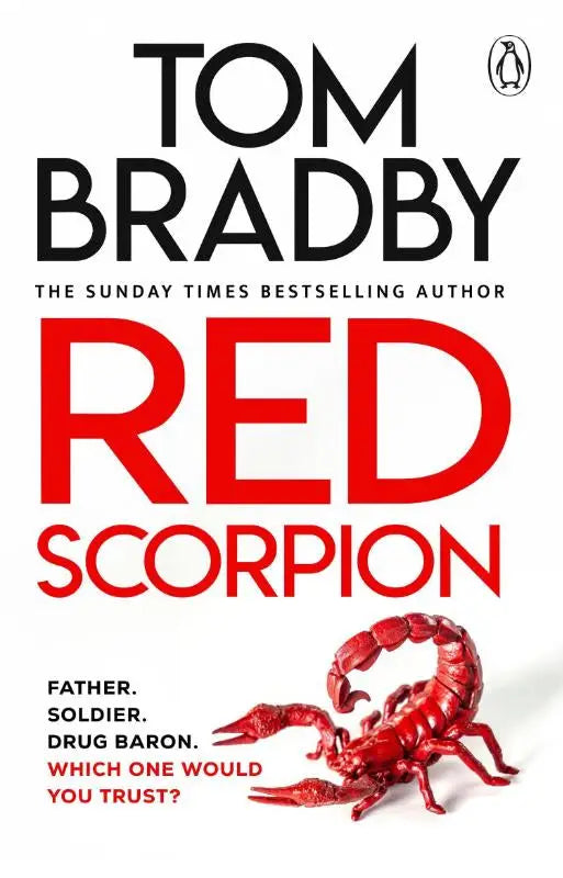 Illustratie van een rode schorpioen op de omslag van tom bradbys spannende fictie boek red scorpion