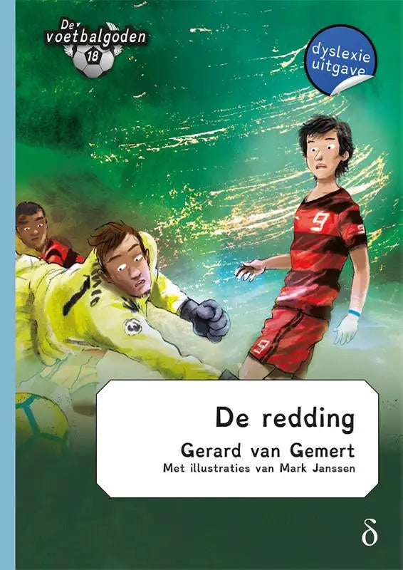 Rode en zwarte gestreepte voetbalshirt met nummer 9 op voorkant, gedragen door speler op illustratieve omslag van de redding