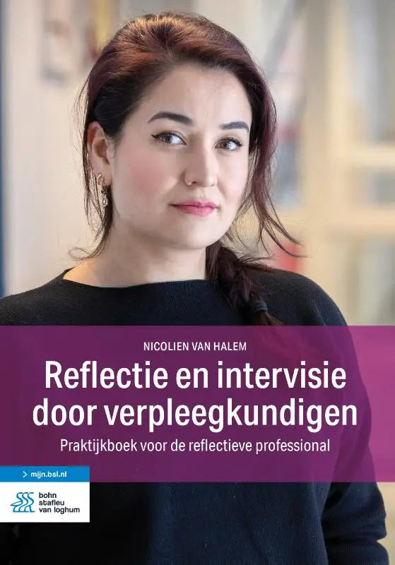De boekcover van reflectie en intervisie door verpleegkundigen van nicolien van halem met paarse banner bsl media