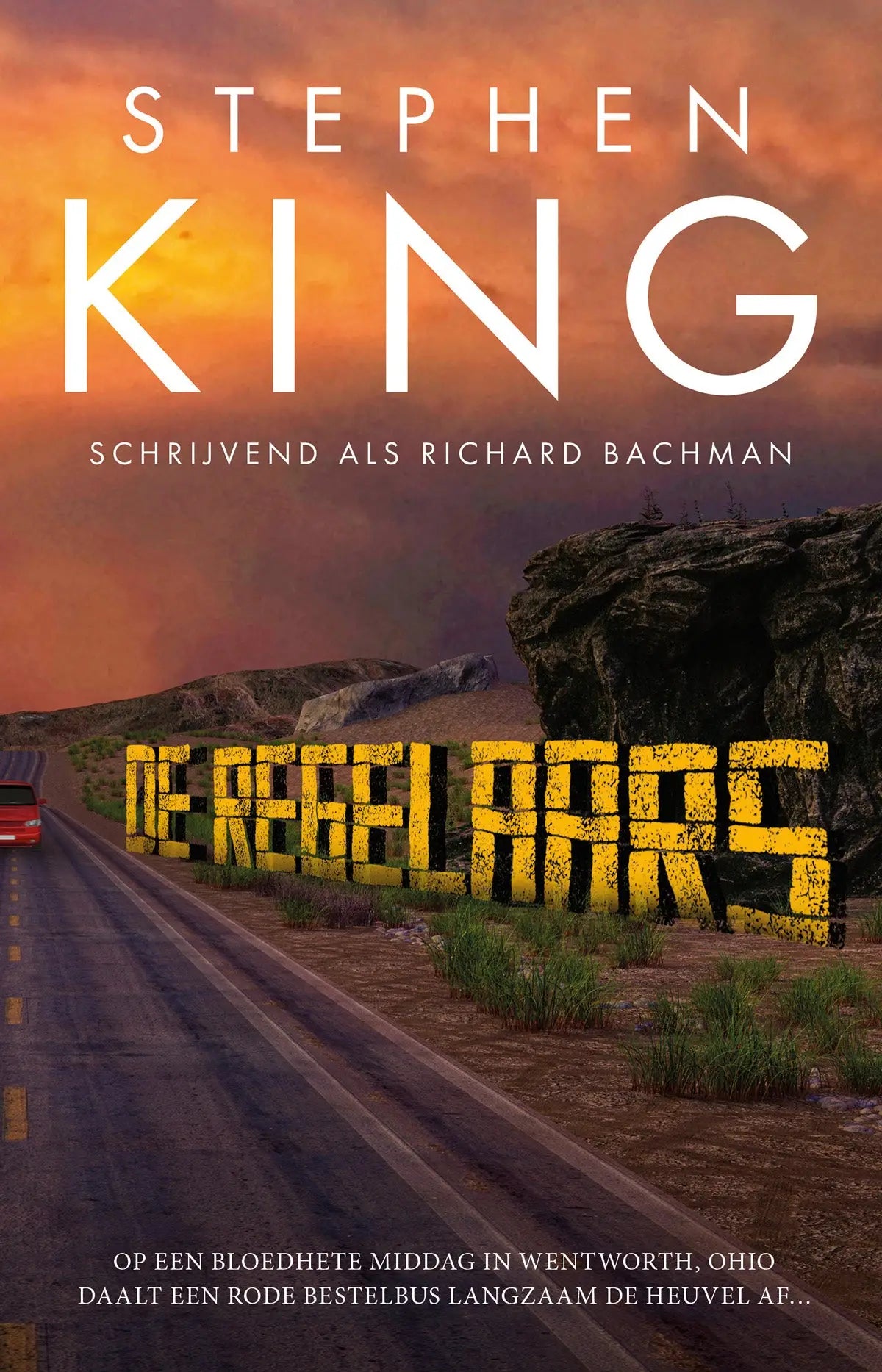 Gele blokletters de regelaars langs een weg onder een oranje lucht met verwijzing naar richard bachman stephen king luitingh sijthoff