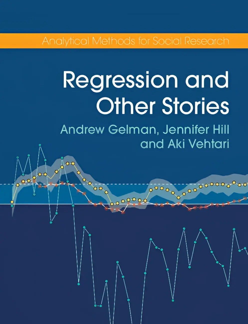 Blauw boekomslag met de titel regression and other stories van andrew gelman, jennifer hill en aki vehtari