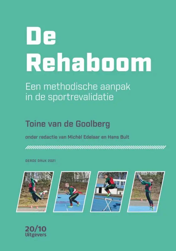 Tealkleurige boekcover van de rehabboom met een professionele methodische aanpak voor sportrevalidatie
