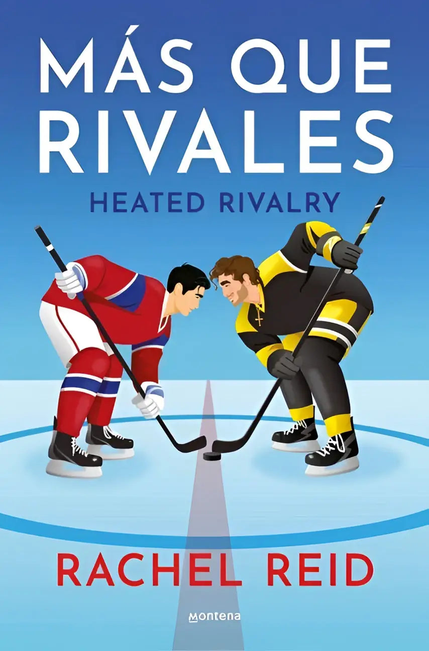 De boekomslag van reid r más que rivales toont twee ijshockeyspelers in rood en zwart-geel in een heated rivalry