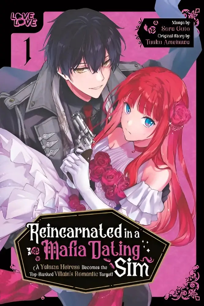 De cover van het manga volume 1 reincarnated in a mafia dating sim toont een yakuza heiress en een mannelijke villain