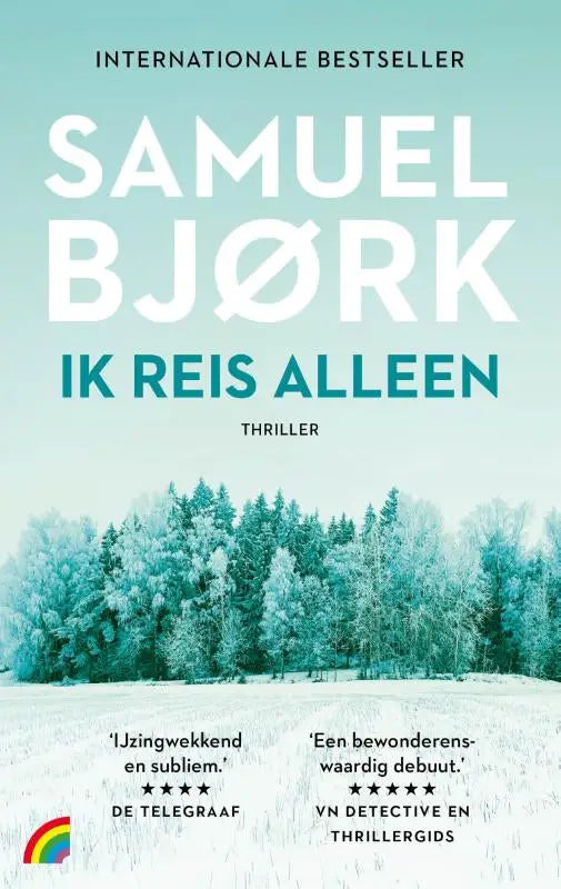 Het boek ik reis alleen van samuel bjørk toont een winters landschap met witte en teal letters op de cover